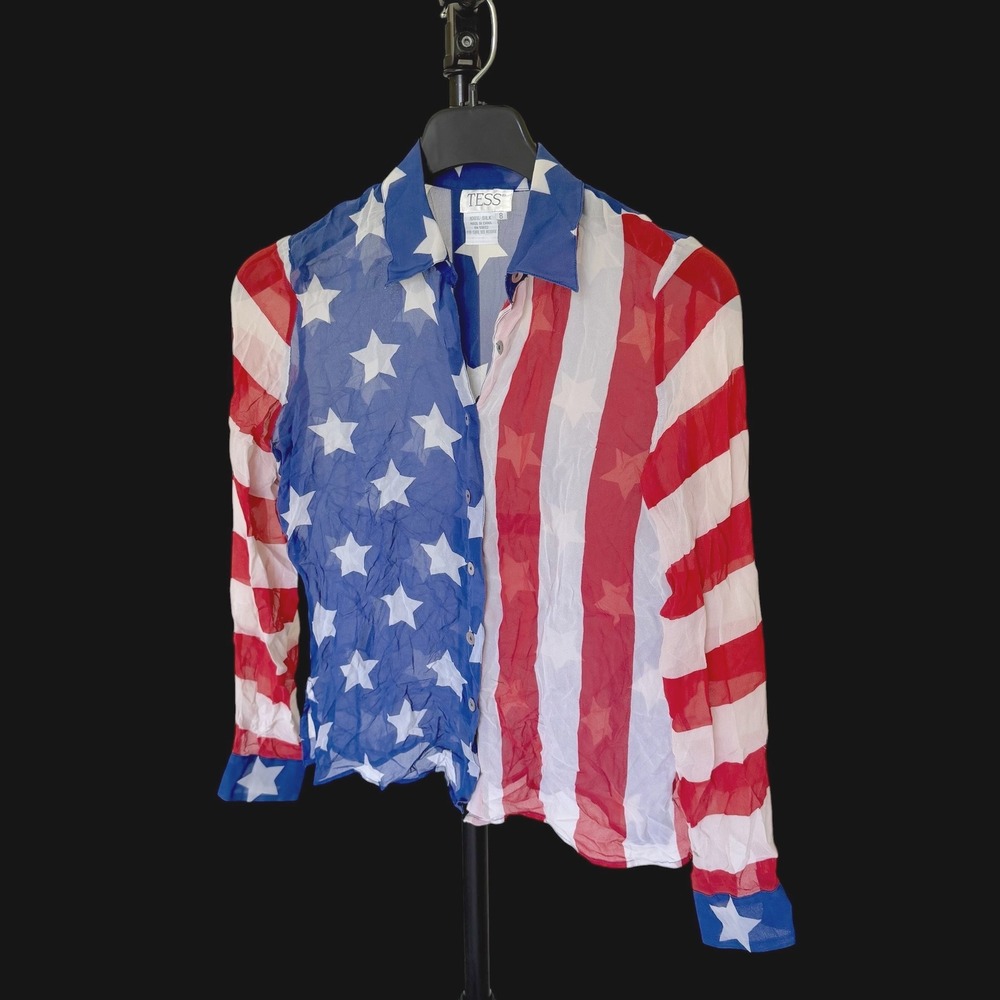 Tess Womens 100% Silk American Flag Stars Stripes Button Down Top Red White Blue